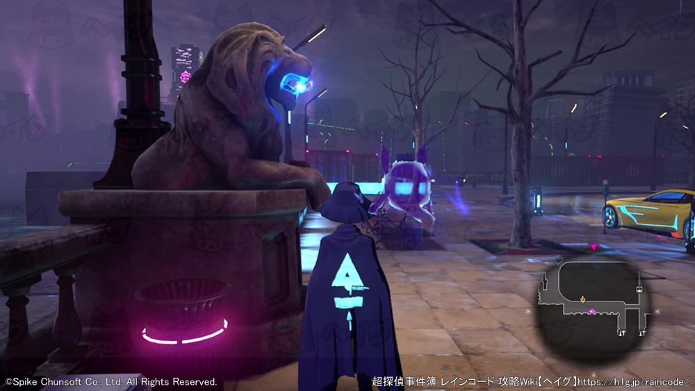 黄色い車と獅子の像